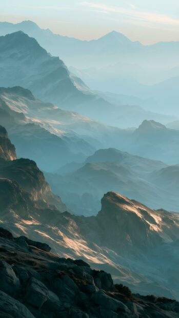 Mountain wallpaper showcasing a serene misty mountain range with layers under soft sunset light