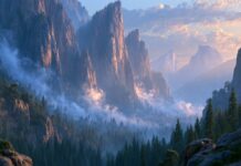 A beautiful mountain wallpaper showcasing dramatic misty peaks and a dense pine forest bathed in soft morning light