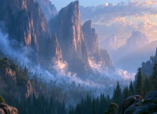A beautiful mountain wallpaper showcasing dramatic misty peaks and a dense pine forest bathed in soft morning light