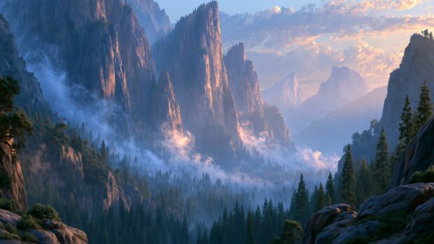 A beautiful mountain wallpaper showcasing dramatic misty peaks and a dense pine forest bathed in soft morning light