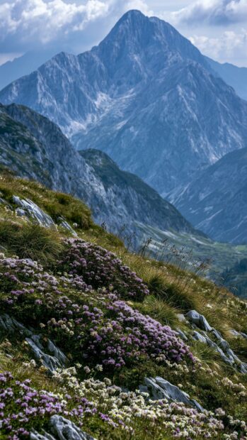 A detailed mountain wallpaper showing purple and white flowers blooming on a rocky slope with a large blue mountain in the background