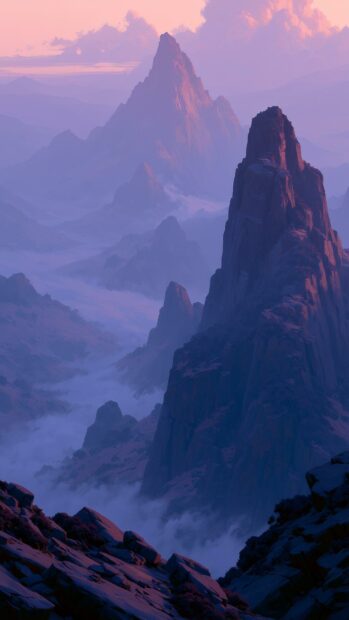 Mountain wallpaper showing a beautiful landscape with purple and pink mountains in sunset mist