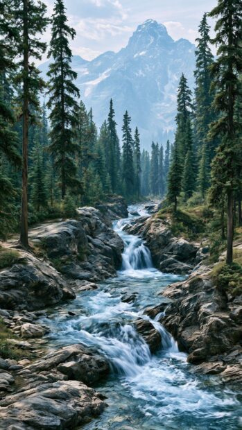 A beautiful mountain wallpaper featuring a clear river flowing through a lush pine forest towards a snowy peak