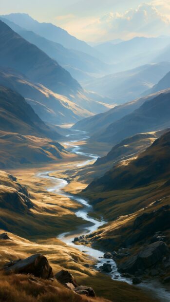 A scenic mountain wallpaper depicting a winding river flowing through a golden valley illuminated by sunlight amidst misty peaks