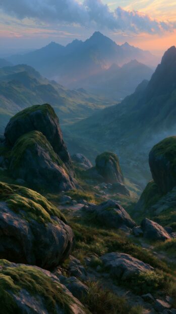 A serene mountain wallpaper featuring a rocky landscape with mossy boulders and hazy distant peaks under a sunset sky