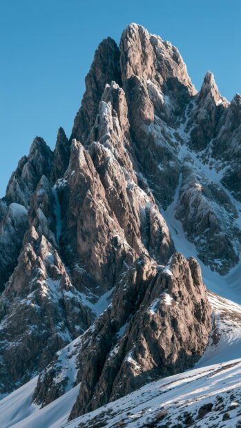 Mountain wallpaper featuring a rugged, snowy peak with stark rock formations under a clear blue sky