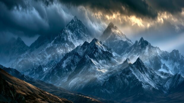 A breathtaking mountain wallpaper featuring majestic snow-capped peaks under a dramatic, stormy sky with ethereal light breaking through