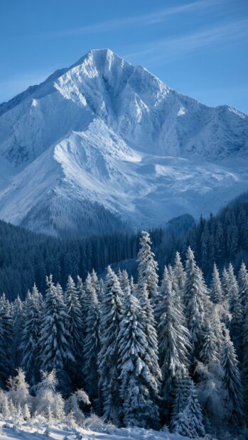 Mountain wallpaper featuring a majestic snowy peak towering over a dense pine forest under a clear blue sky