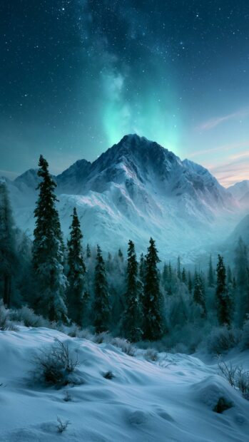 Mountain wallpaper depicting a snowy mountain under a starry night sky with a vibrant aurora and a winter forest