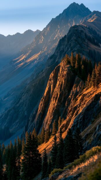 Mountain wallpaper featuring steep, rugged ridges illuminated by warm golden light and scattered trees