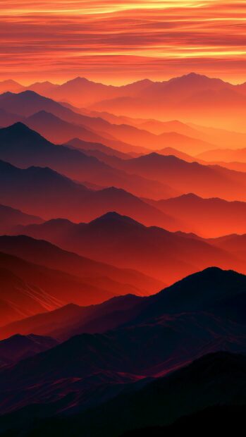 A vibrant mountain wallpaper showcasing multiple layers of peaks bathed in orange and red sunset colors