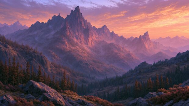 A stunning mountain wallpaper showcasing a majestic range at sunset with a vibrant purple and orange sky