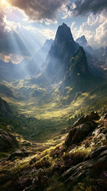 An expansive mountain wallpaper showing a vast green valley with a stream, leading up to a towering peak under sunbeams from a cloudy sky