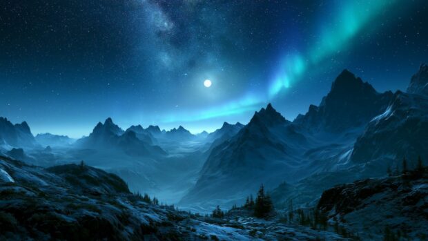 A stunning Nature Wallpaper featuring aurora borealis over snowy dark mountains under a bright moonlit night sky