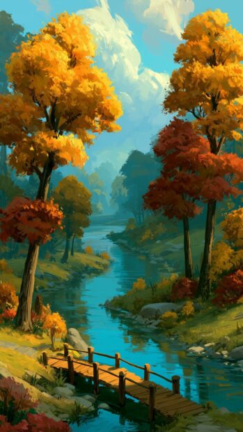 A vibrant nature wallpaper depicting an autumn river flowing through a forest with colorful orange and red trees and a small wooden bridge
