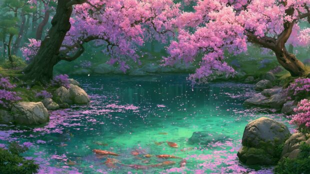 A beautiful Nature Wallpaper depicting a tranquil pond with koi fish and pink cherry blossom petals floating on the water, surrounded by blooming trees