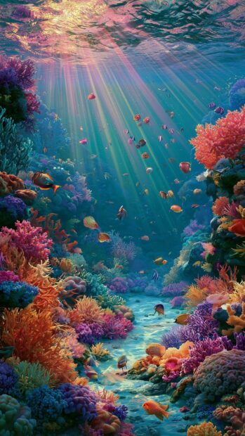A stunning nature wallpaper showcasing a vibrant coral reef teeming with colorful fish and sun rays piercing through the clear blue ocean water