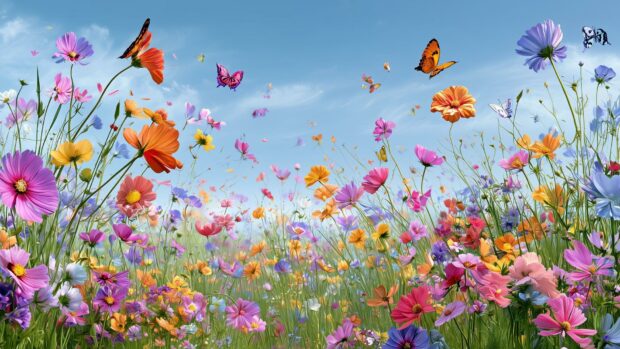 Vibrant and colorful wildflower field nature wallpaper with numerous butterflies flying under a bright blue sky
