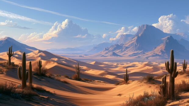 A beautiful nature wallpaper featuring a vast desert landscape with sand dunes, towering mountains, and saguaro cacti under a clear blue sky