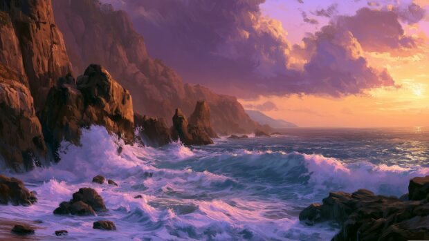 Dramatic coastal nature wallpaper featuring large waves crashing against rocky cliffs at sunset with a vibrant purple and orange sky