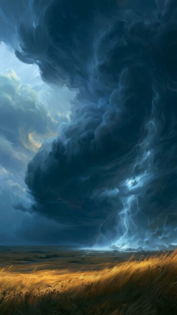 A dramatic nature wallpaper showing dark storm clouds with lightning striking over a golden field
