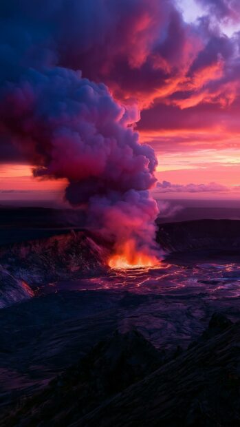 A dramatic nature wallpaper featuring a volcanic eruption spewing purple and pink smoke against a breathtaking sunset sky