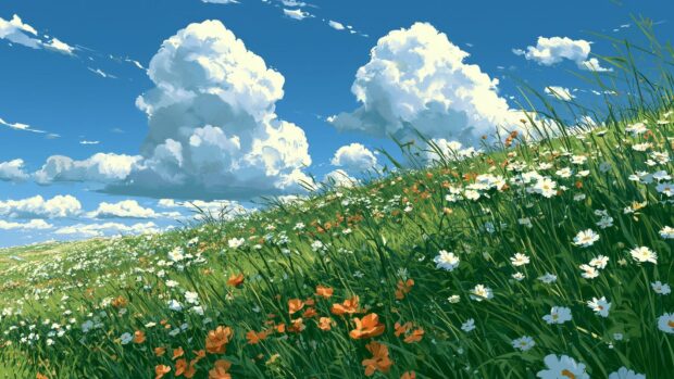 A vibrant Nature Wallpaper showcasing a green field full of white and orange wildflowers under a bright blue sky with fluffy white clouds