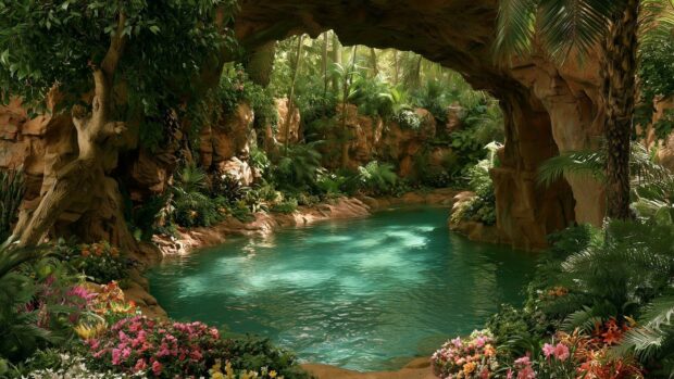 A beautiful nature wallpaper featuring a hidden jungle lagoon with clear blue water surrounded by lush tropical plants and rock formations