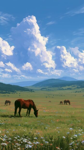 A scenic Nature Wallpaper showing horses grazing peacefully in a vast green field with mountains and fluffy clouds under a blue sky