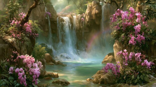 A serene nature wallpaper featuring a jungle waterfall cascading into a clear pool, surrounded by lush greenery and vibrant pink orchids