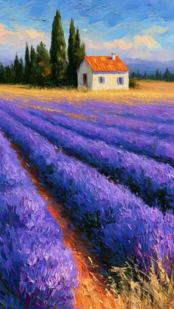 An artistic nature wallpaper depicting a picturesque lavender field with a small house under a blue sky, rendered in an impressionistic painting style