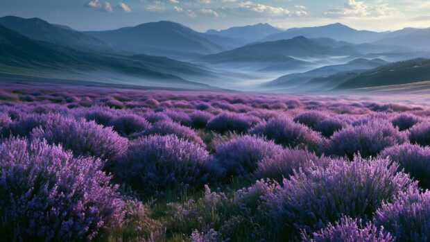 A breathtaking nature wallpaper showing a vast lavender field in full bloom with distant hazy mountains under a soft sky