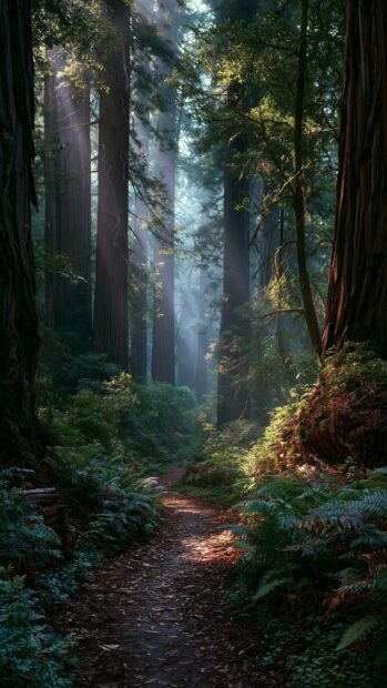A serene nature wallpaper showing a misty forest path with tall trees and sun rays filtering through the canopy