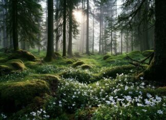 A beautiful Nature Wallpaper depicting a misty forest floor covered in green moss and white wildflowers with sunlight filtering through the trees