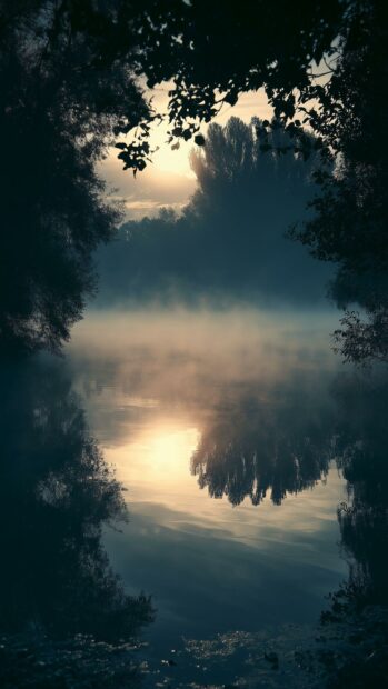 A serene Nature Wallpaper featuring a misty lake with the reflection of a sunset framed by dark trees
