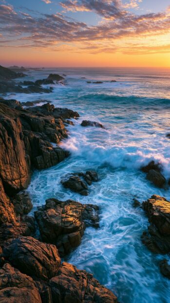 A captivating nature wallpaper depicting waves crashing against a rugged rocky ocean coast under a colorful sunset sky