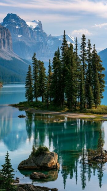 Serene mountain lake nature wallpaper featuring an island of pine trees reflecting in calm blue water with snow-capped peaks in the background