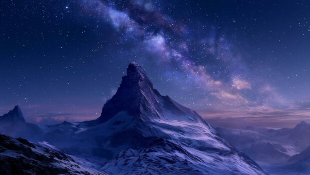 Majestic snowy mountain nature wallpaper under a clear night sky showcasing the vibrant Milky Way galaxy