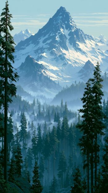 A beautiful Nature Wallpaper depicting a tall snowy mountain peak rising above a dense pine forest with misty valleys