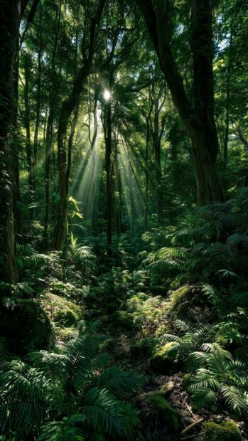 A serene nature wallpaper capturing sun rays piercing through the dense canopy of a deep forest, illuminating ferns on the ground