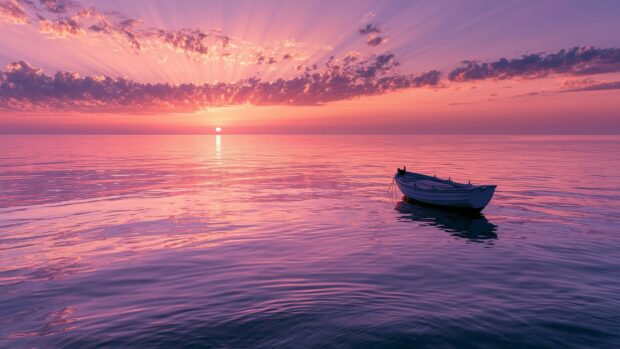 A serene Nature Wallpaper featuring a lone boat on a calm ocean under a mesmerizing pink and purple sunset sky with sun rays