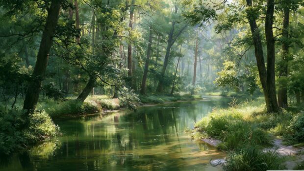 A peaceful nature wallpaper depicting a tranquil forest scene with a calm river reflecting green trees and sunlight