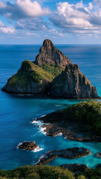 A beautiful nature wallpaper featuring a tropical island with lush green peaks surrounded by clear turquoise ocean water under a blue sky