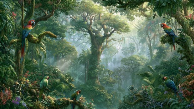 A vibrant nature wallpaper showcasing a dense tropical jungle with colorful parrots perched among lush trees and misty foliage