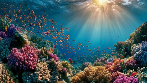 An stunning nature wallpaper showcasing a vibrant underwater coral reef teeming with colorful fish and sunrays piercing through the water
