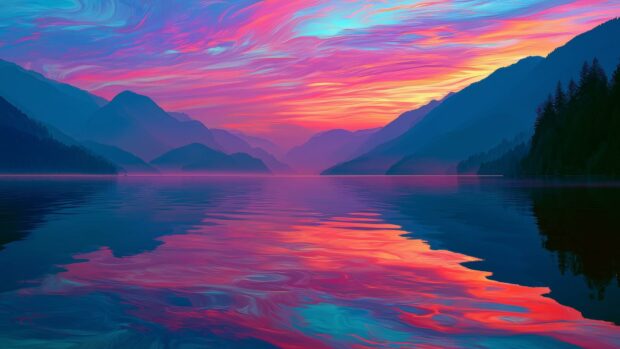 Vibrant sunset nature wallpaper over a tranquil lake surrounded by mountains, with dramatic pink, purple, and orange reflections