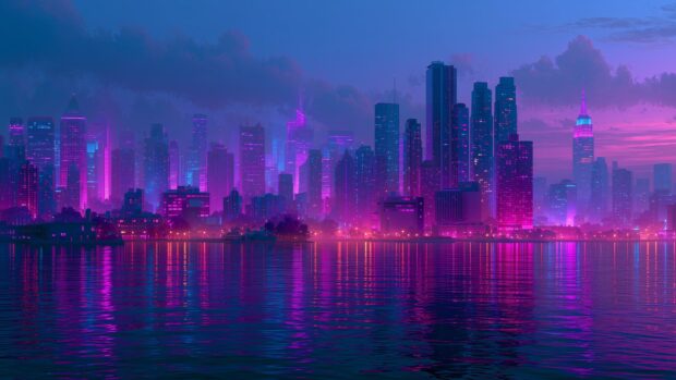 An aesthetic neon wallpaper showcasing a vibrant futuristic city skyline reflecting in calm water at dusk with purple and pink lights