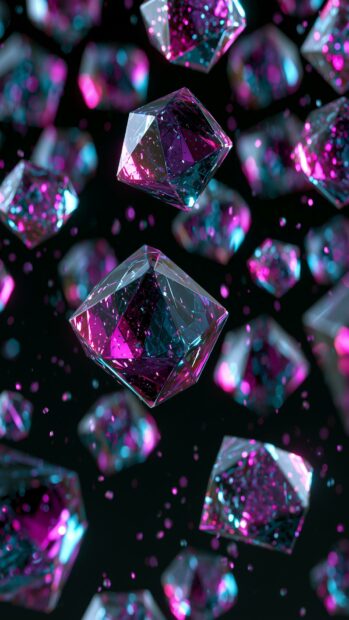A captivating neon wallpaper featuring multiple shiny geometric crystals floating on a dark background with pink and blue light reflections