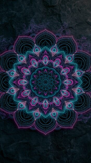 A beautiful neon wallpaper featuring a glowing mandala pattern with teal and pink outlines on a dark textured background