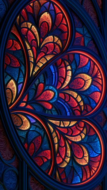 A vibrant neon wallpaper showcasing an intricate stained glass pattern with glowing red, orange, and blue designs
